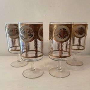 Vintage Retro Stem Drinking Glasses Set of 4 Black and Gold Foil